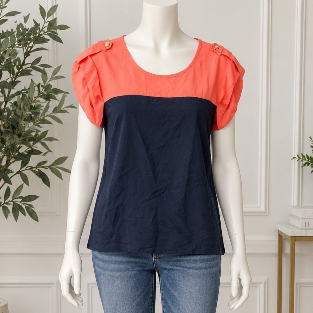 Zenana Women Top Colorblock Ruffle Sleeve Coral Navy Blue Small